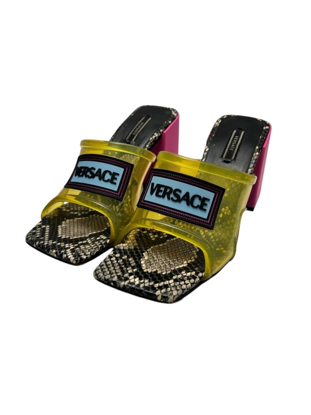 VERSACE SS19 Yellow & Pink Snakeskin PVC Mules sz 37